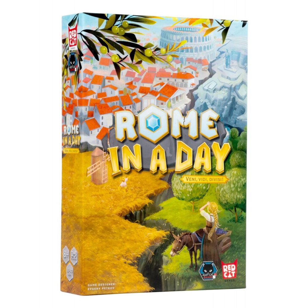 Rome in a Day board game box featuring vibrant terrain illustrations