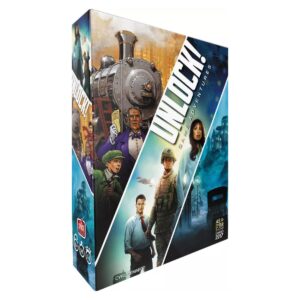 Unlock! Game Adventures box featuring themes from Mysterium, Ticket to Ride, and Pandemic