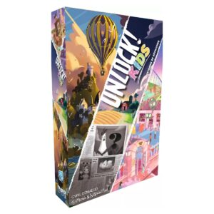 Unlock! Kids game box featuring colorful illustrations of the three included adventures.