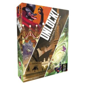 Unlock! Timeless Adventures box showcasing three thrilling escape room scenarios